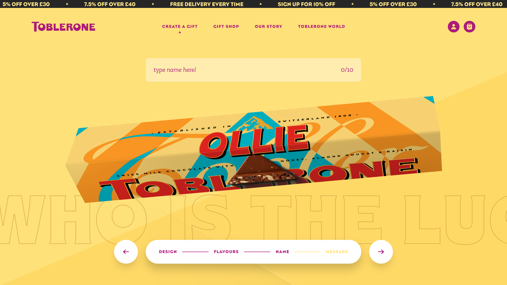 Toblerone website with chocolate in a box