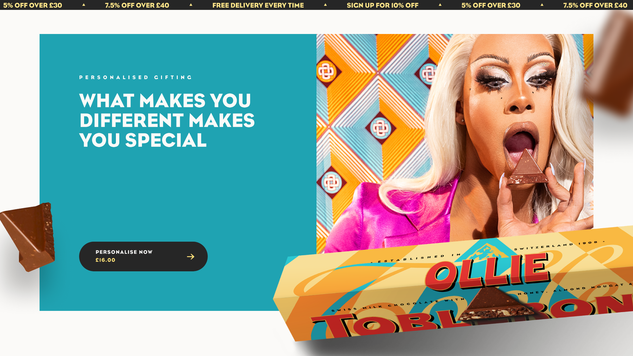 Toblerone website with chocolate and a person eating a piece