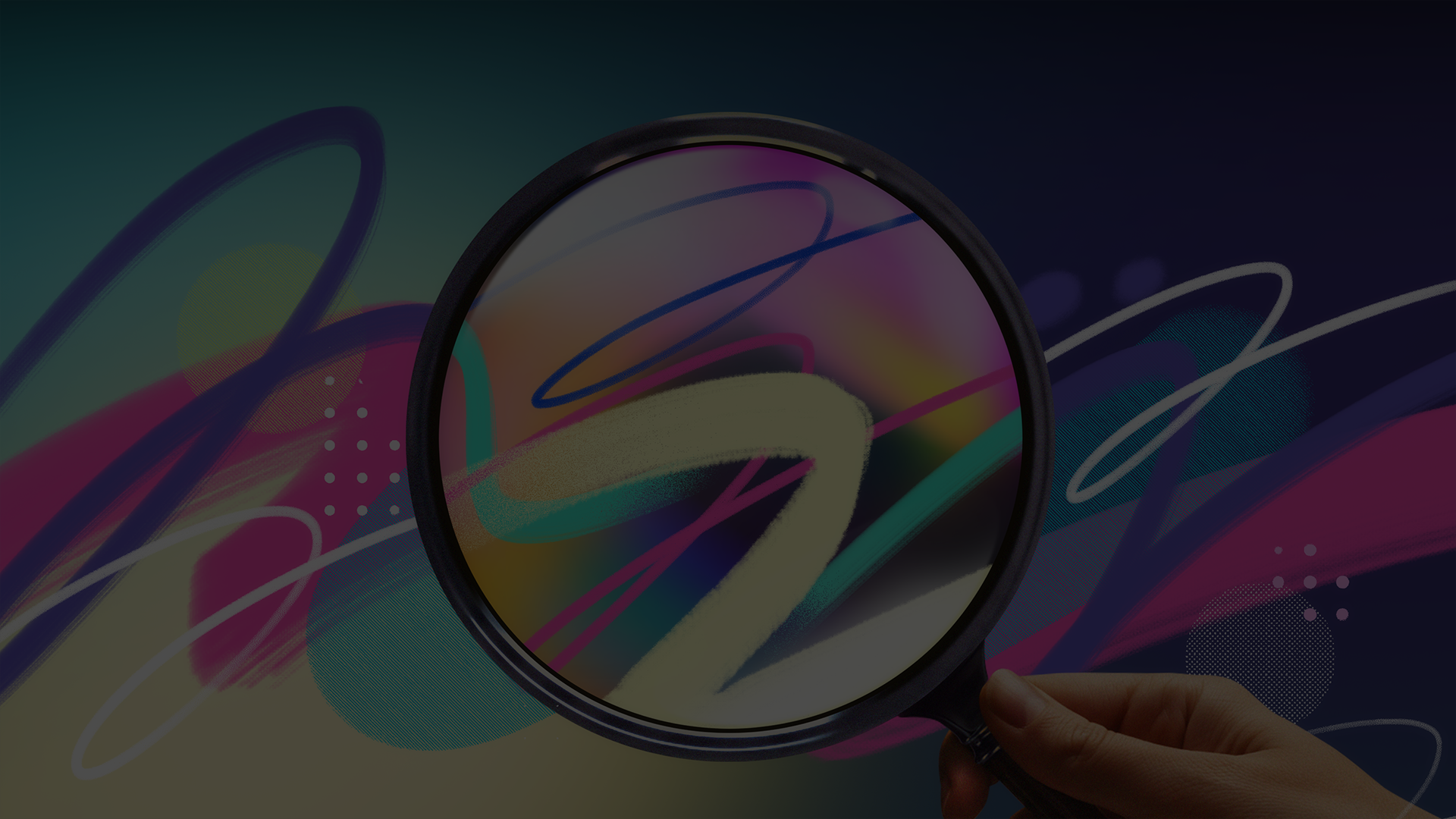 A magnifying glass looking at a colorful drawing