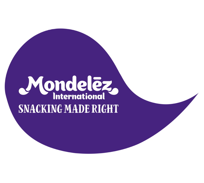 Mondelez logo within a purple teardrop shape