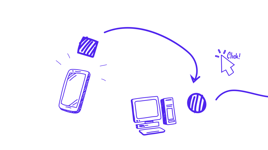 A drawing showing a phone, computer, and click mouse