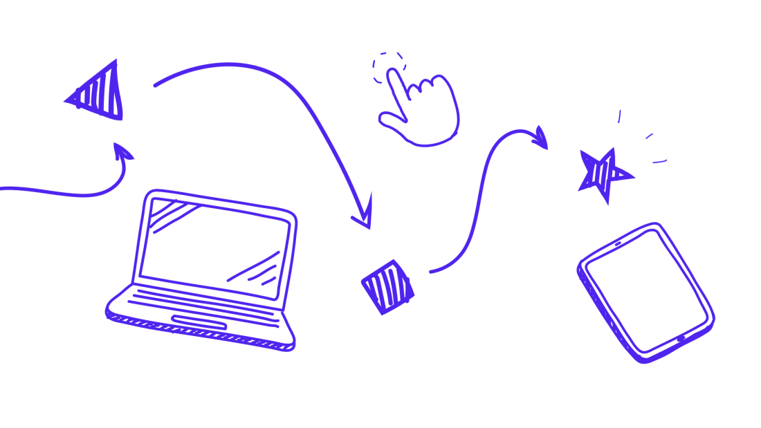A drawing showing a computer, tablet, and hand