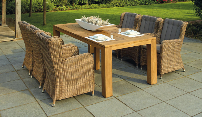 An outdoor patio table and chairs