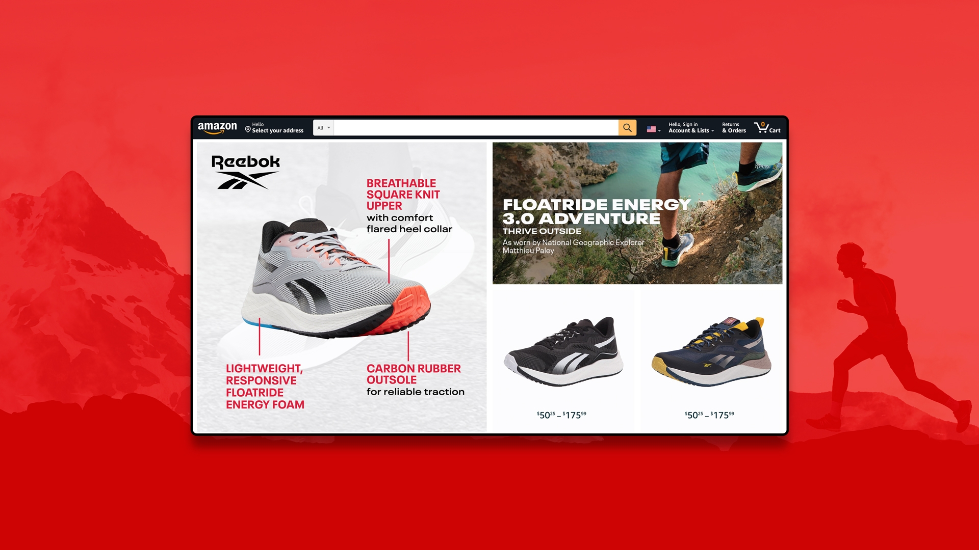 A red background holding a tablet with the reebok amazon page