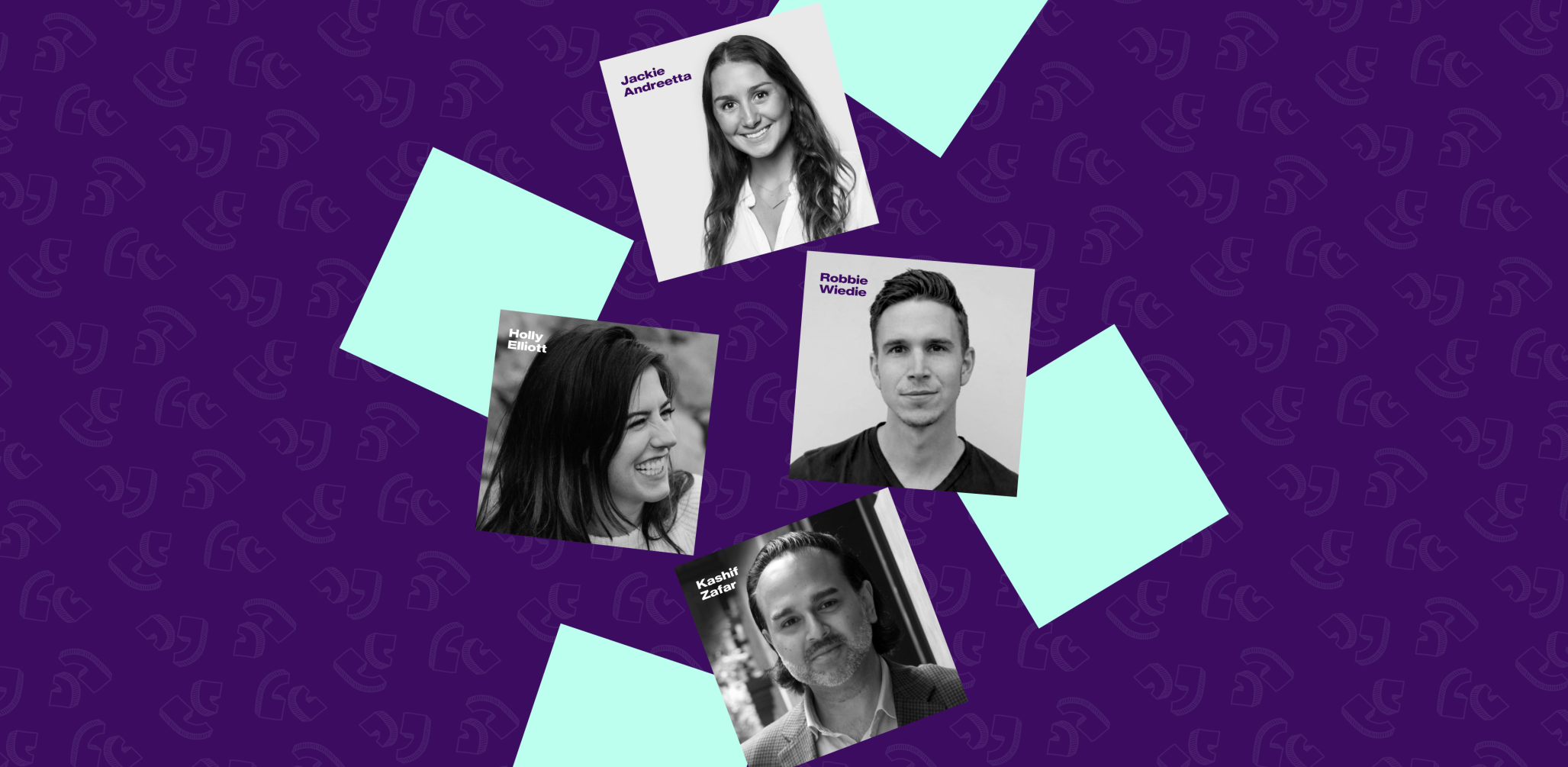 Four portraits of men and women in squares, waterfalling down a purple background