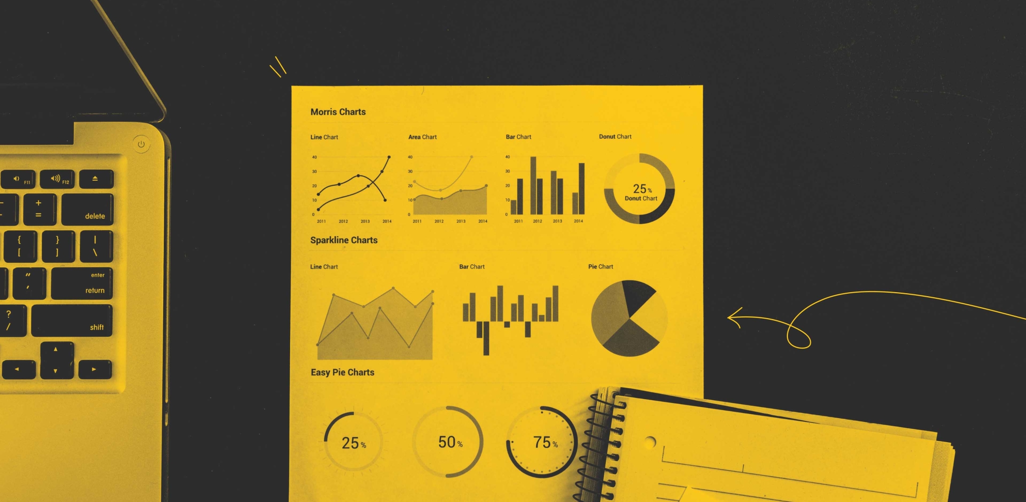 A laptop and an analytics print out showing data tables and graphs