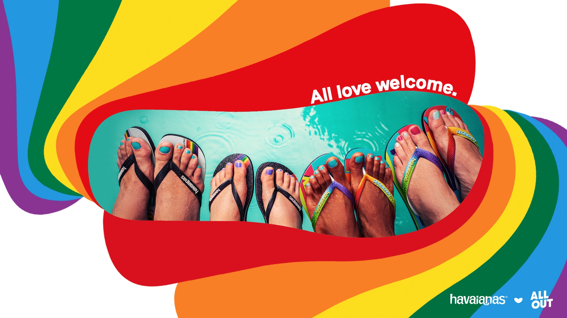A colorful spectrum of sandals and people feet with sandals