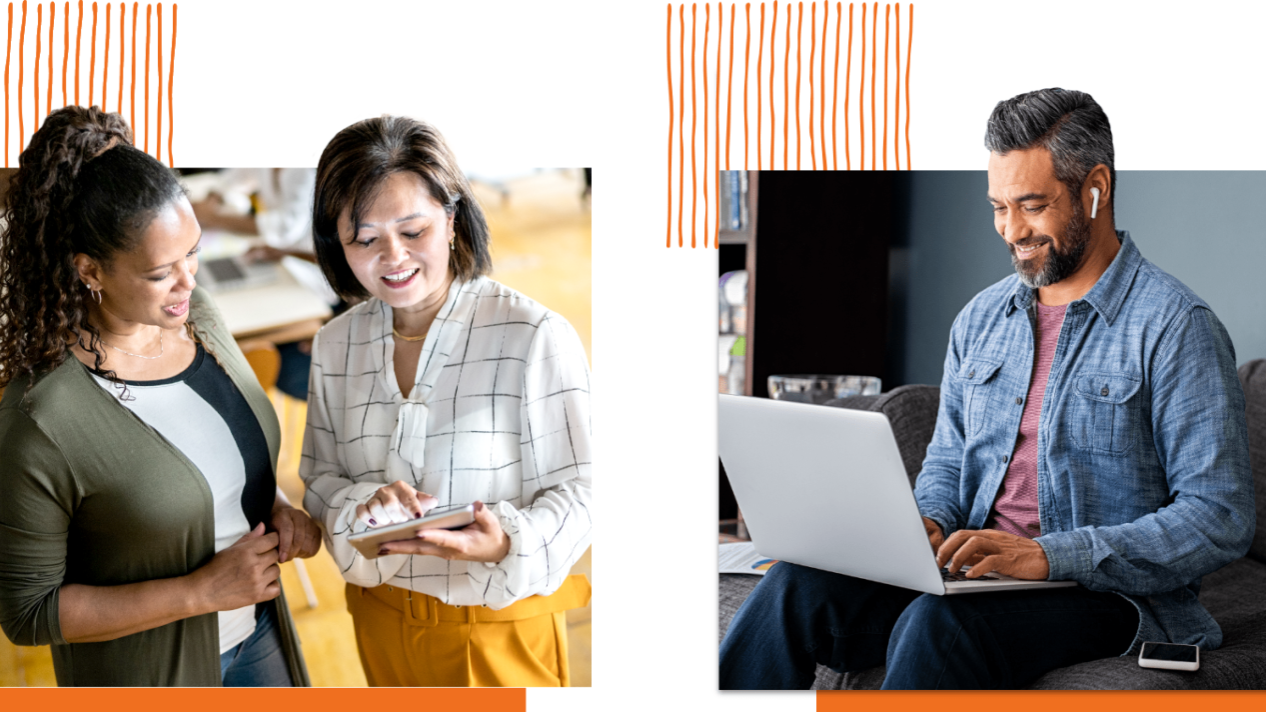 Two women looking at tablet together and man working on computer