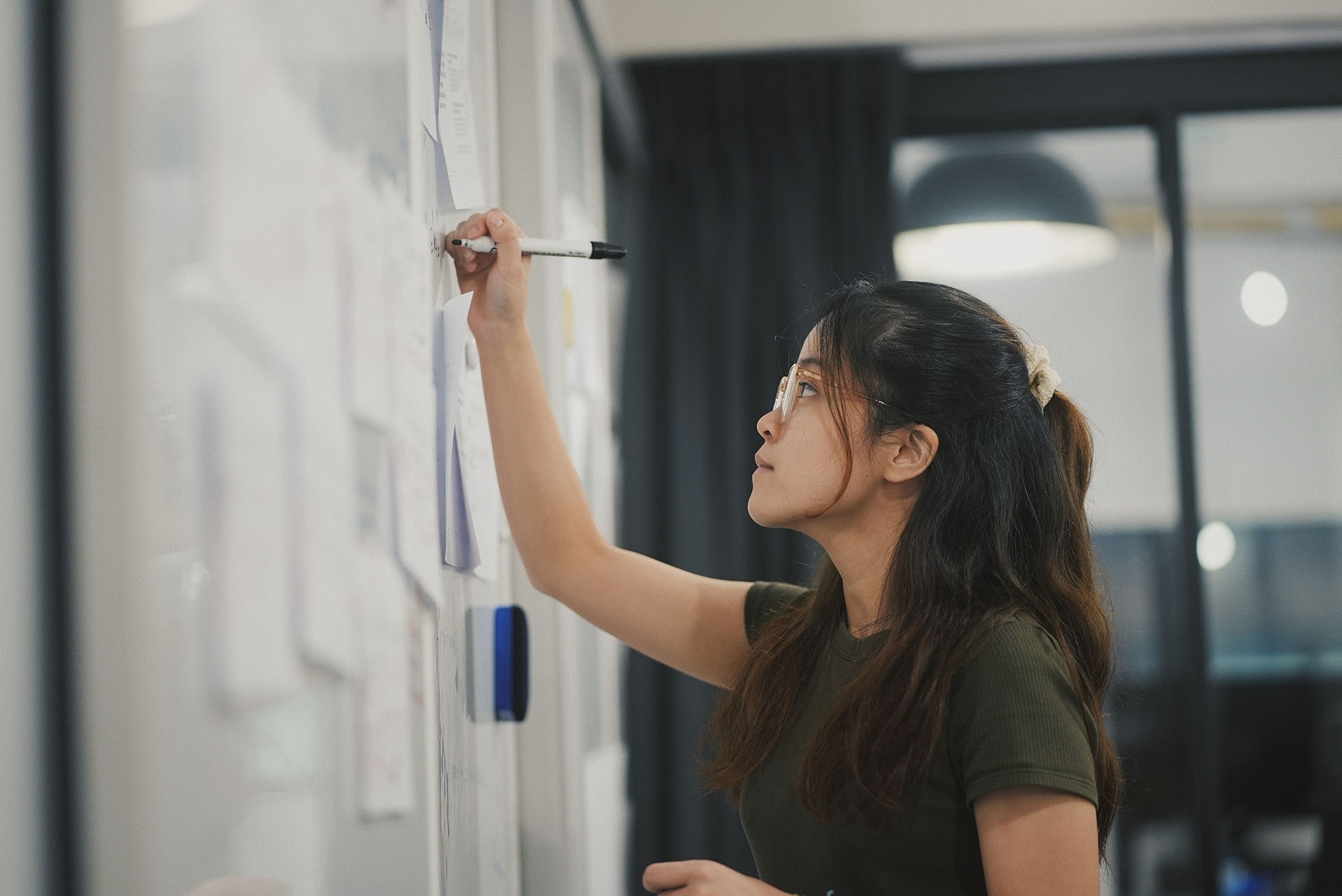 A woman working on a whiteboard