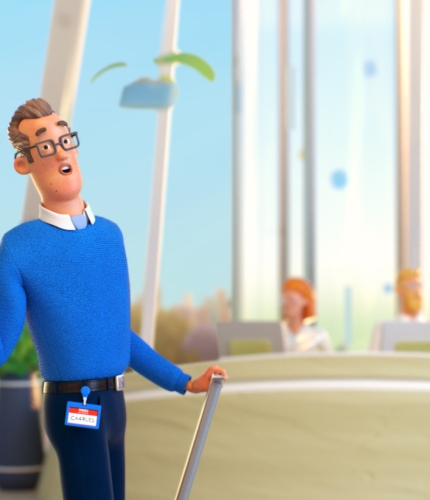 Animated image of the presenter wearing a blue sweater.