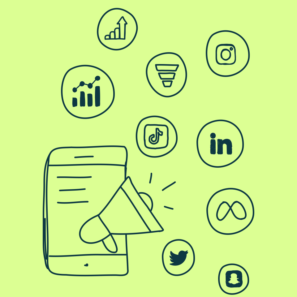 mobile phone with social media icons and graphs