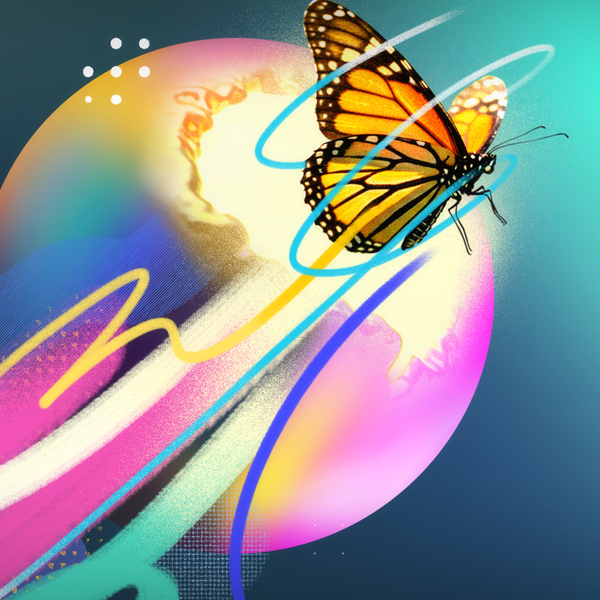 An animated butterfly flying around a colorful globe